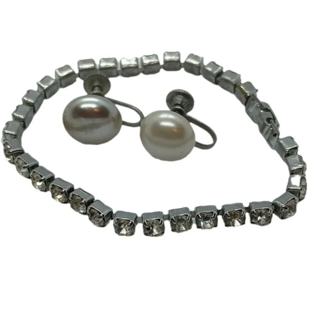 Rhinestone Bracelet & Faux Pearl Earrings Set Vintage‎ SKUJ023